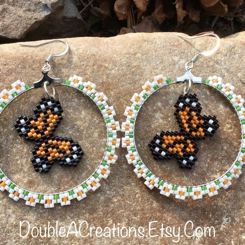 Summer Flowers Beaded Hoops with Beaded Butterfly Charm, New, Handmade b… - Picture 3 of 7